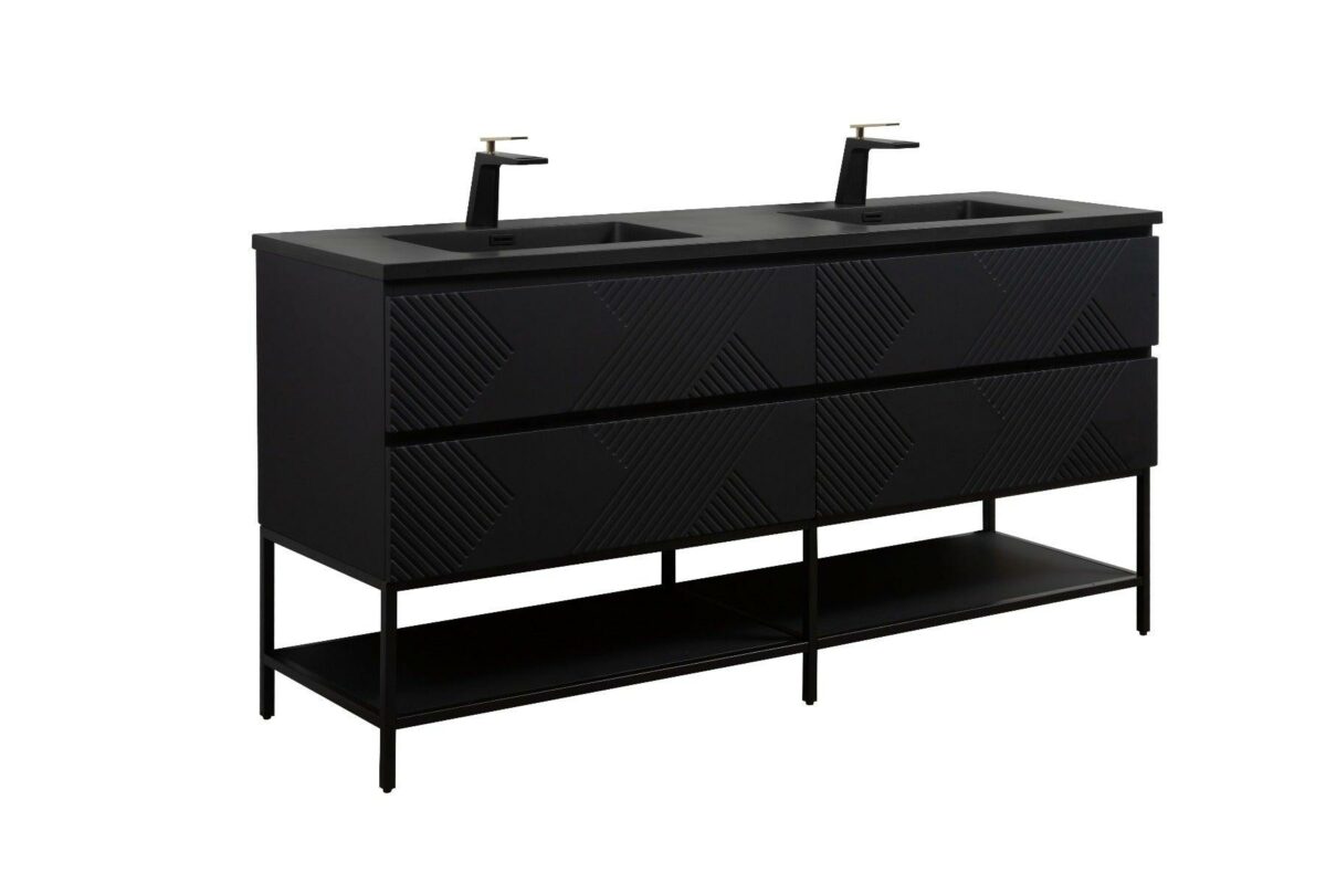 72" Black Wall Mount Double Sink Bathroom Vanity with Black Engineered Quartz Countertop & Open Shelf - Image 3