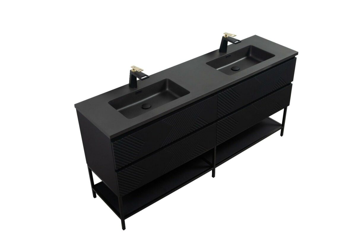 72" Black Wall Mount Double Sink Bathroom Vanity with Black Engineered Quartz Countertop & Open Shelf - Image 4
