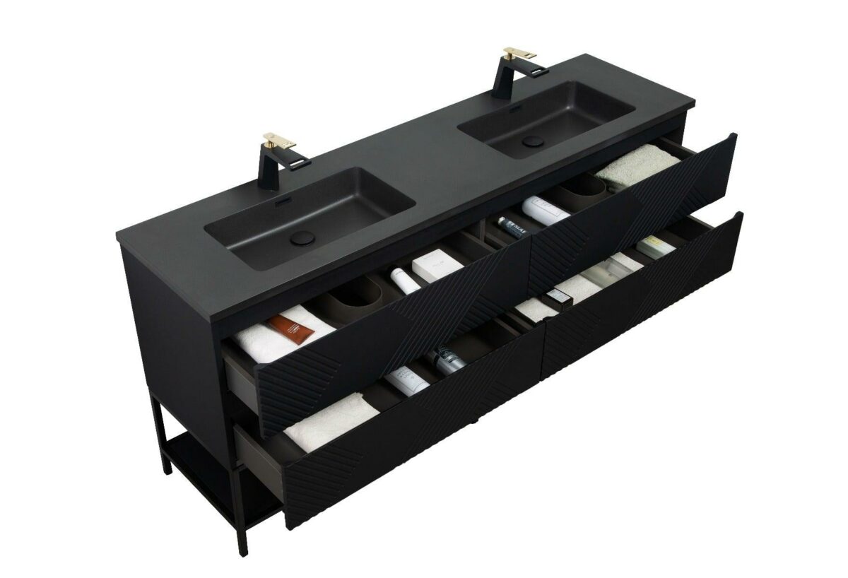 72" Black Wall Mount Double Sink Bathroom Vanity with Black Engineered Quartz Countertop & Open Shelf - Image 5