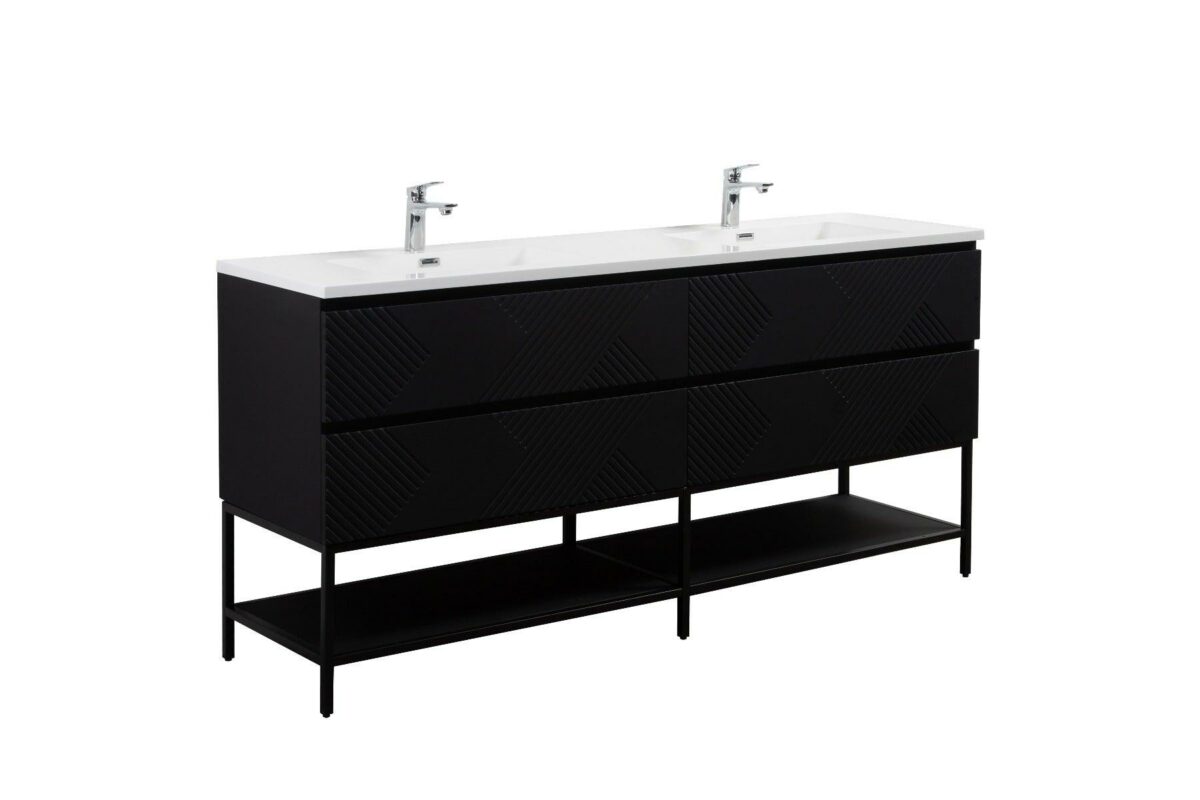 72" Black Wall Mount Double Sink Bathroom Vanity with White Polymarble Countertop & Open Shelf - Image 3