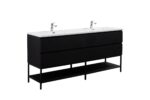 72" Black Wall Mount Double Sink Bathroom Vanity with White Polymarble Countertop & Open Shelf - Image 3