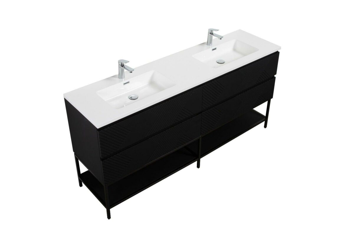 72" Black Wall Mount Double Sink Bathroom Vanity with White Polymarble Countertop & Open Shelf - Image 4