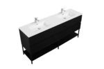 72" Black Wall Mount Double Sink Bathroom Vanity with White Polymarble Countertop & Open Shelf - Image 4