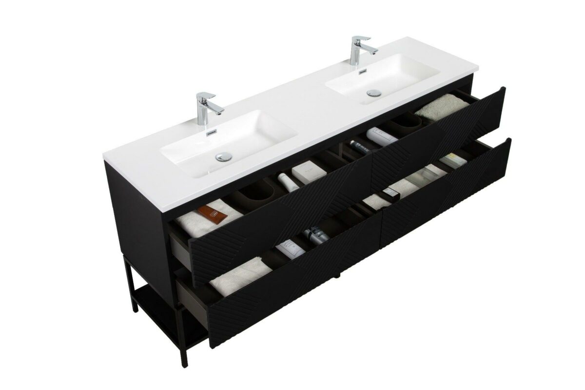 72" Black Wall Mount Double Sink Bathroom Vanity with White Polymarble Countertop & Open Shelf - Image 5