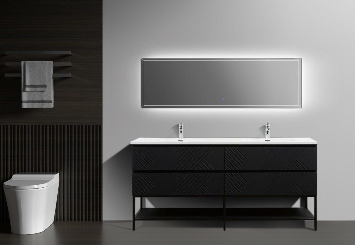72" Black Wall Mount Double Sink Bathroom Vanity with White Polymarble Countertop & Open Shelf - Image 2