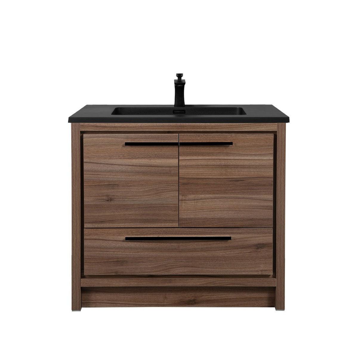 36" Walnut Freestanding Bathroom Vanity with Black Engineered Quartz Countertop – Image 2