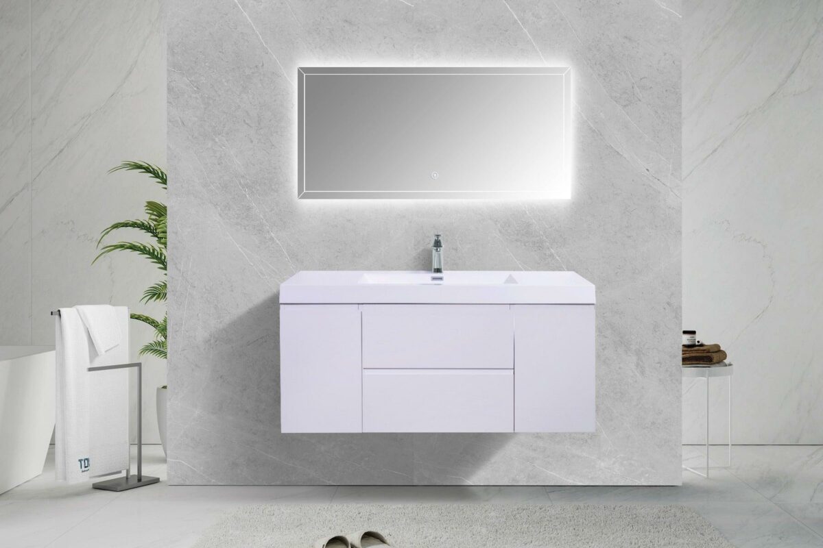 48" Glossy White Wall Mount Single Sink Bathroom Vanity with White Polymarble Countertop - Image 2