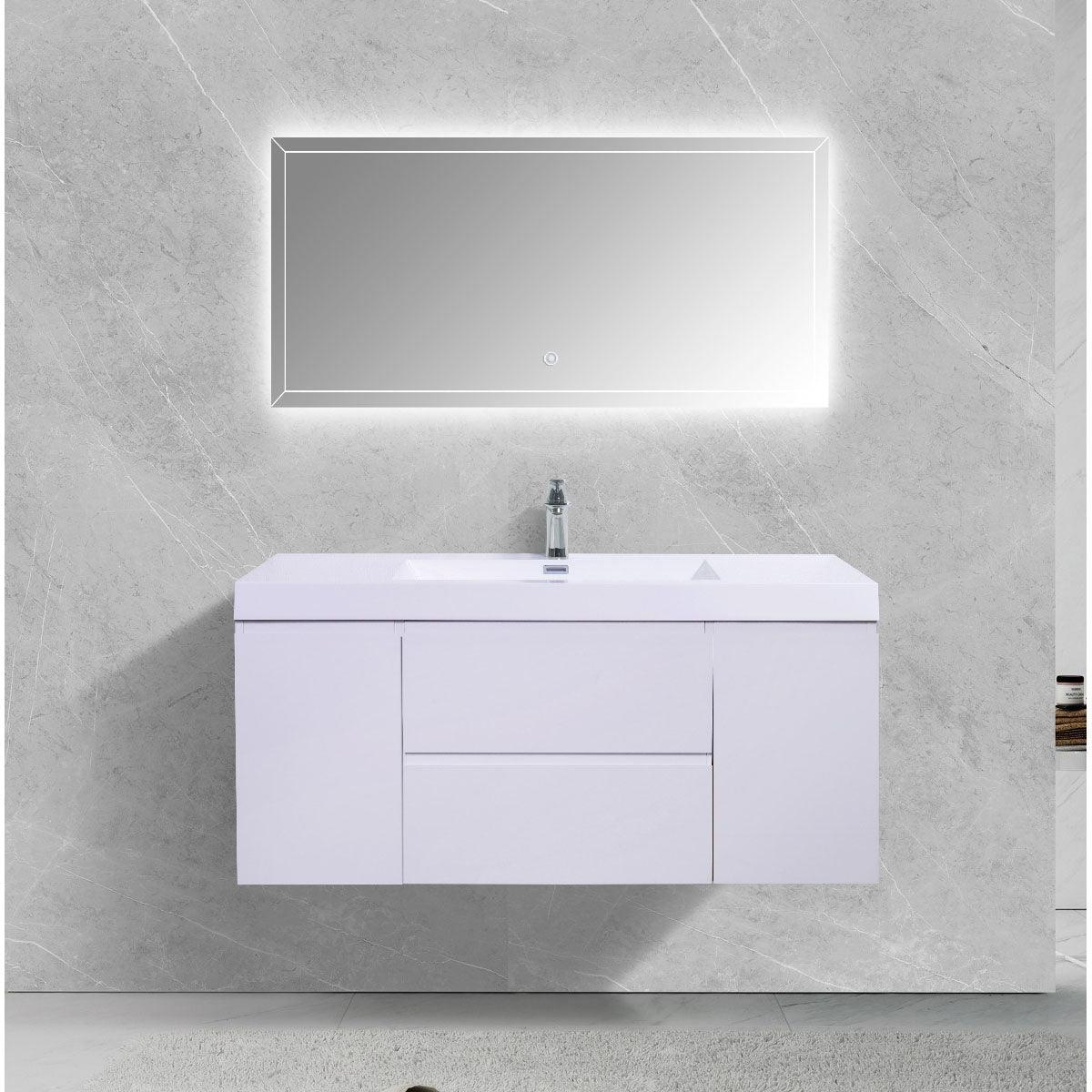 48" Glossy White Wall Mount Single Sink Bathroom Vanity with White Polymarble Countertop – Image 1