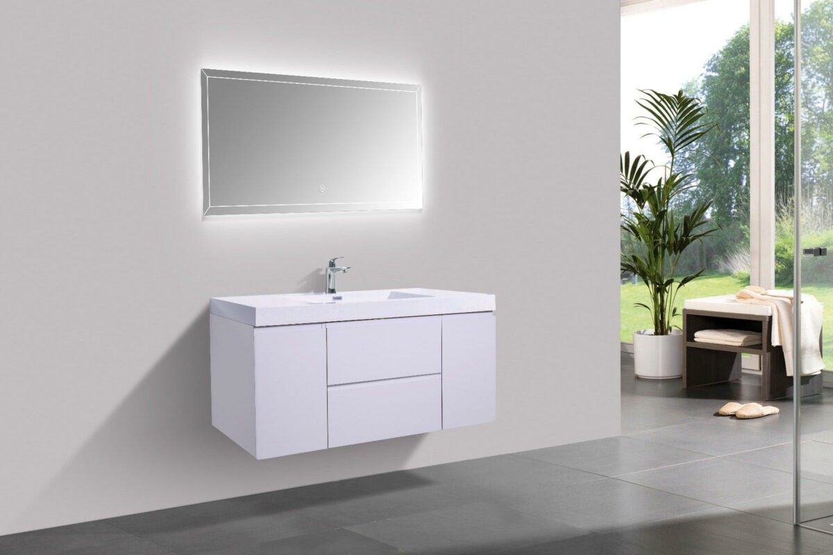 48" Glossy White Wall Mount Single Sink Bathroom Vanity with White Polymarble Countertop - Image 3