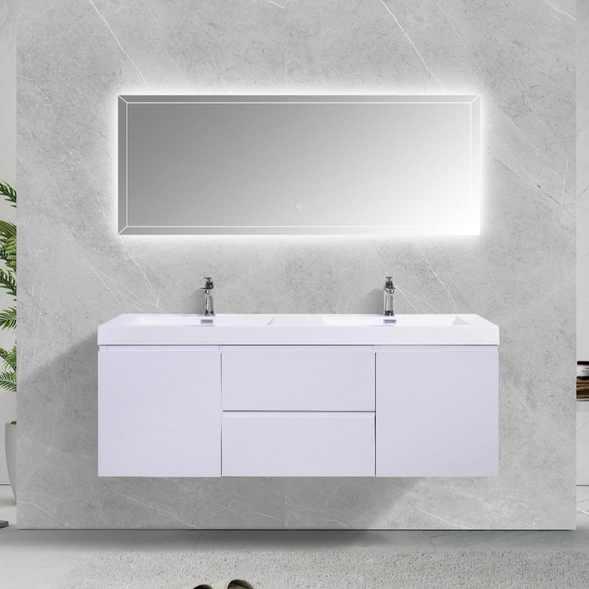 60" Glossy White Wall Mount Double Sink Bathroom Vanity with White Polymarble Countertop – Image 1