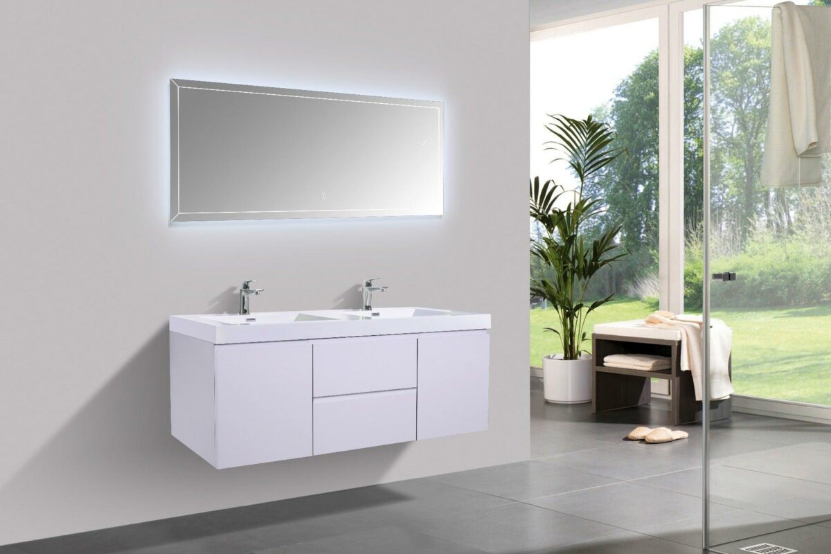 60" Glossy White Wall Mount Double Sink Bathroom Vanity with White Polymarble Countertop - Image 3