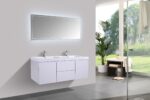 60" Glossy White Wall Mount Double Sink Bathroom Vanity with White Polymarble Countertop - Image 3