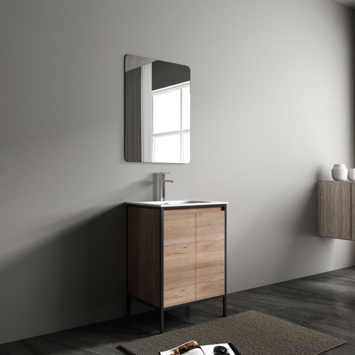 24" Rough Oak and Black Metal Frame Freestanding Single Sink Bathroom Vanity with White Ceramic Countertop - Image 5