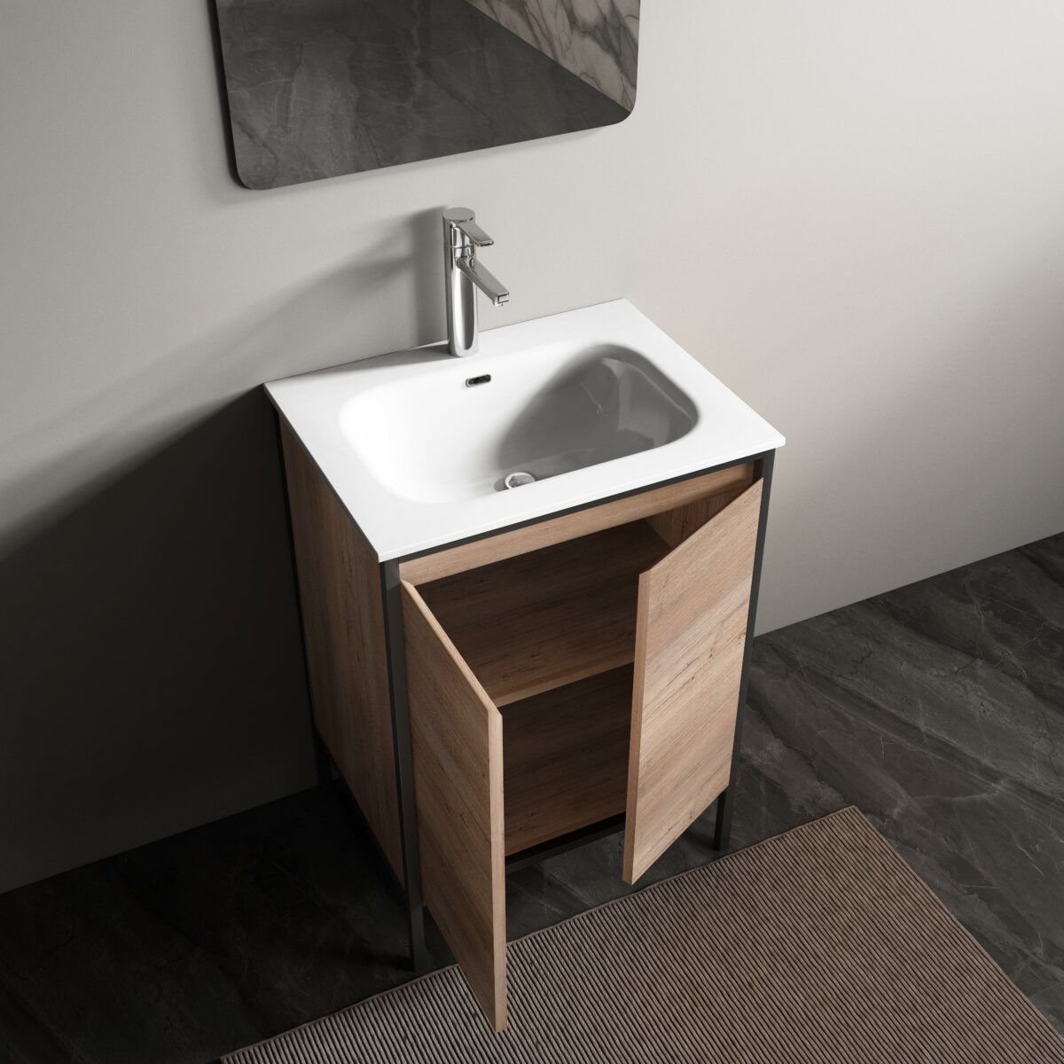 24" Rough Oak and Black Metal Frame Freestanding Single Sink Bathroom Vanity with White Ceramic Countertop - Image 6