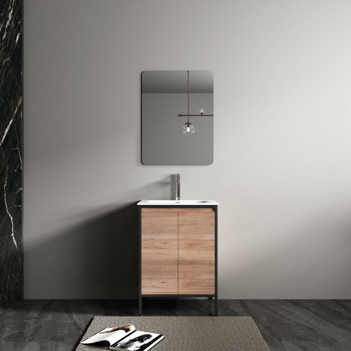 24" Rough Oak and Black Metal Frame Freestanding Single Sink Bathroom Vanity with White Ceramic Countertop - Image 1
