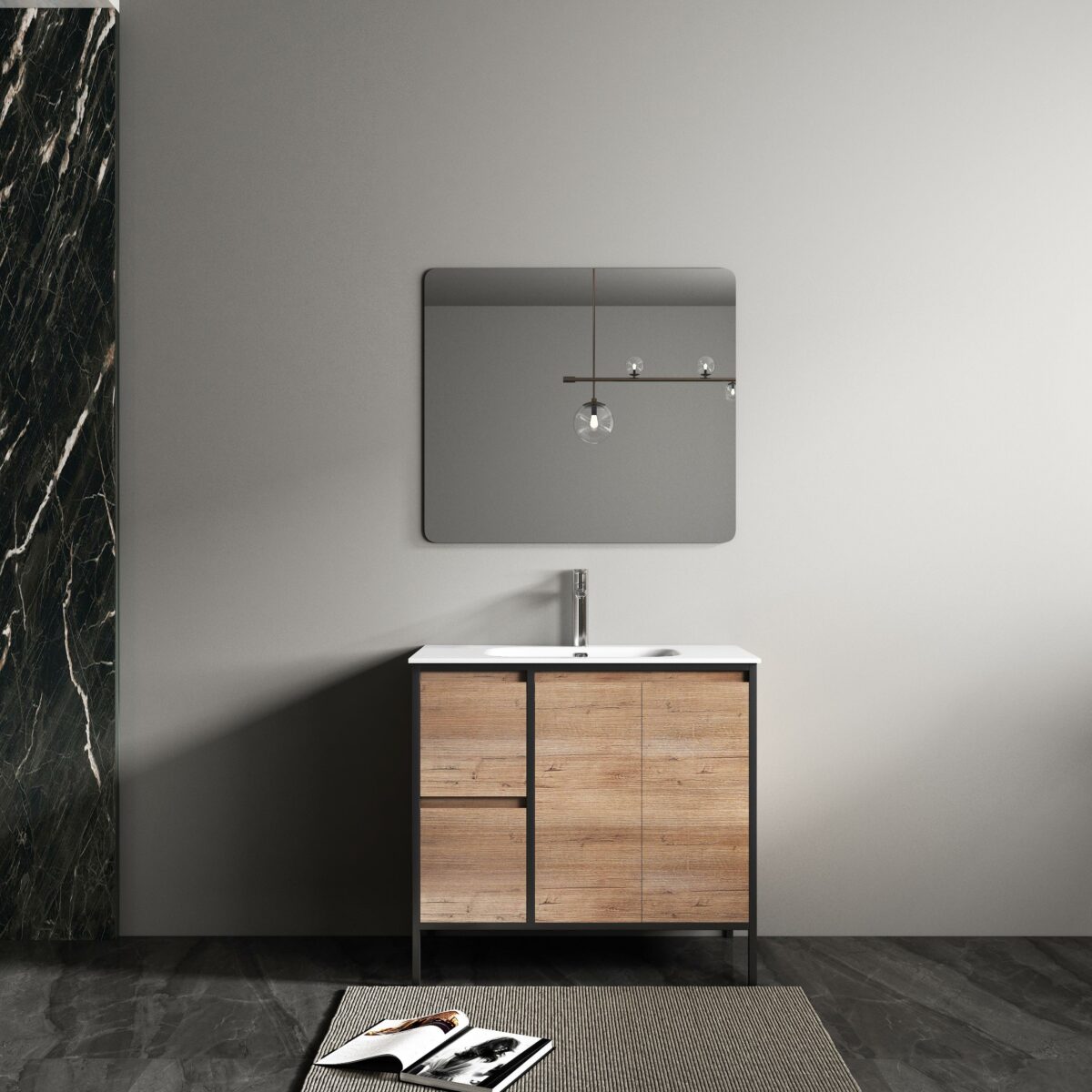 36" Rough Oak and Black Metal Frame Freestanding Single Sink Bathroom Vanity with White Ceramic Countertop - Image 1