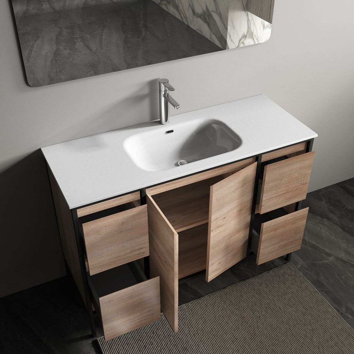 48" Rough Oak and Black Metal Frame Freestanding Single Sink Bathroom Vanity with White Ceramic Countertop - Image 7