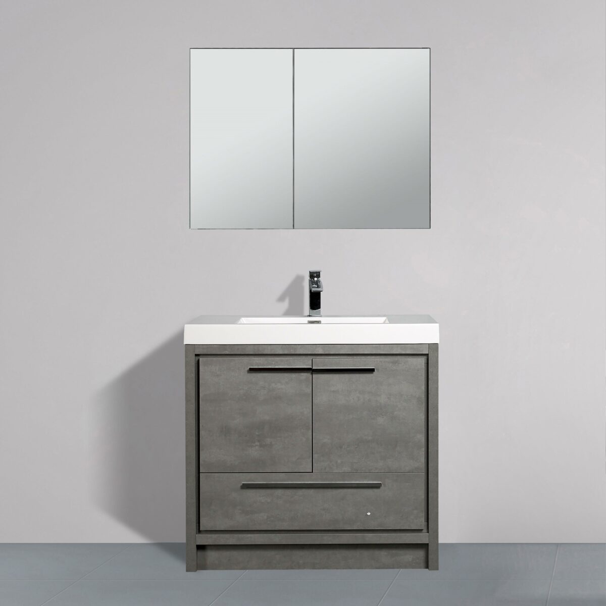 36" Cement Freestanding Bathroom Vanity with White Polymarble Countertop - Image 1