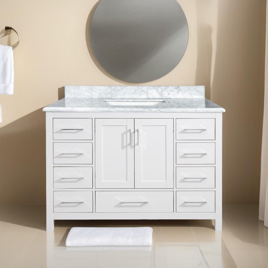 48" White Freestanding Single Sink Bathroom Vanity with Carrera Marble Countertop – Image 1
