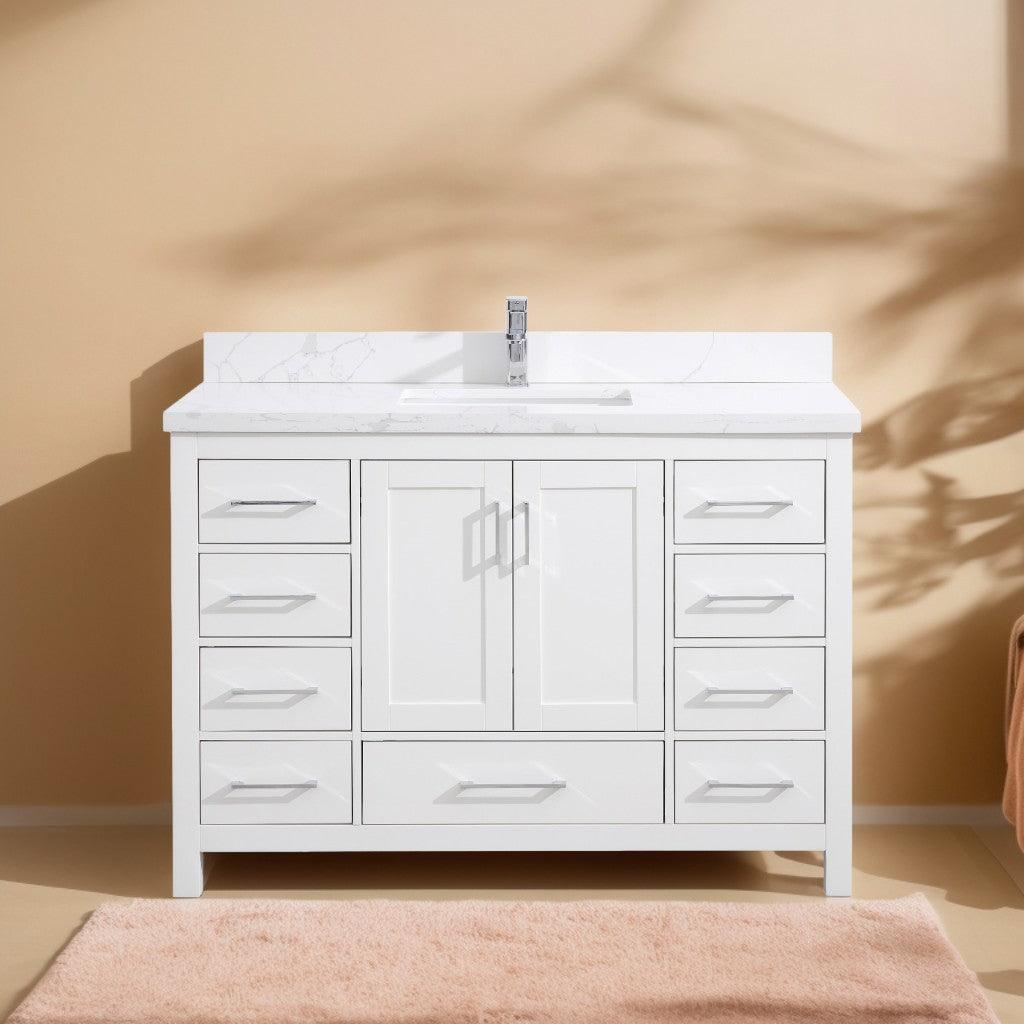 48" White Freestanding Single Sink Bathroom Vanity with Calcutta Quartz Countertop – Image 1