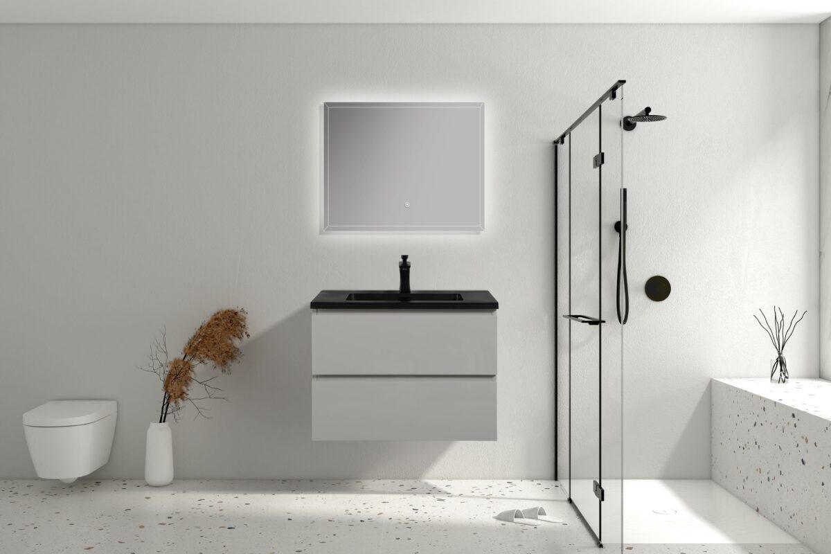 28" Grey Wall Mount Single Sink Bathroom Vanity with Black Engineered Quartz Countertop - Image 1