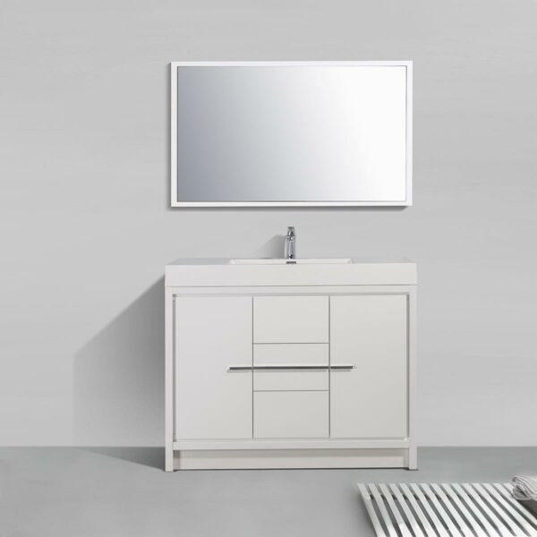 48" Glossy White Freestanding Single Sink Bathroom Vanity with White Polymarble Countertop