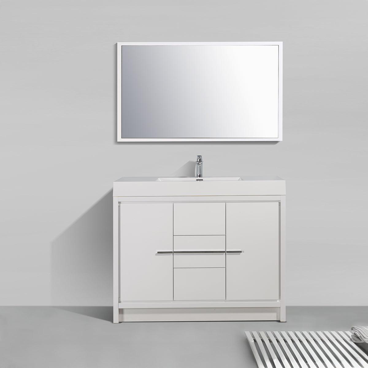 48" Glossy White Freestanding Single Sink Bathroom Vanity with White Polymarble Countertop - Image 1
