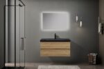 40" Rough Oak Wall Mount Bathroom Vanity with Black Polymarble Countertop Edge