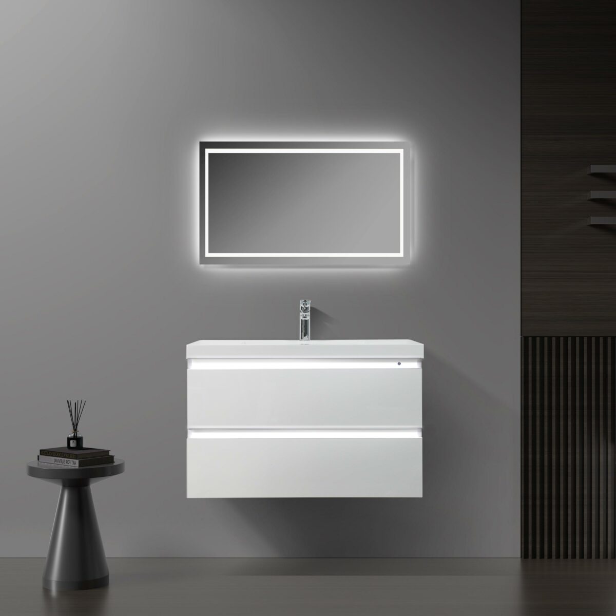 36" Glossy White Wall Mount Light-Up Bathroom Vanity with White Polymarble Countertop - Image 1