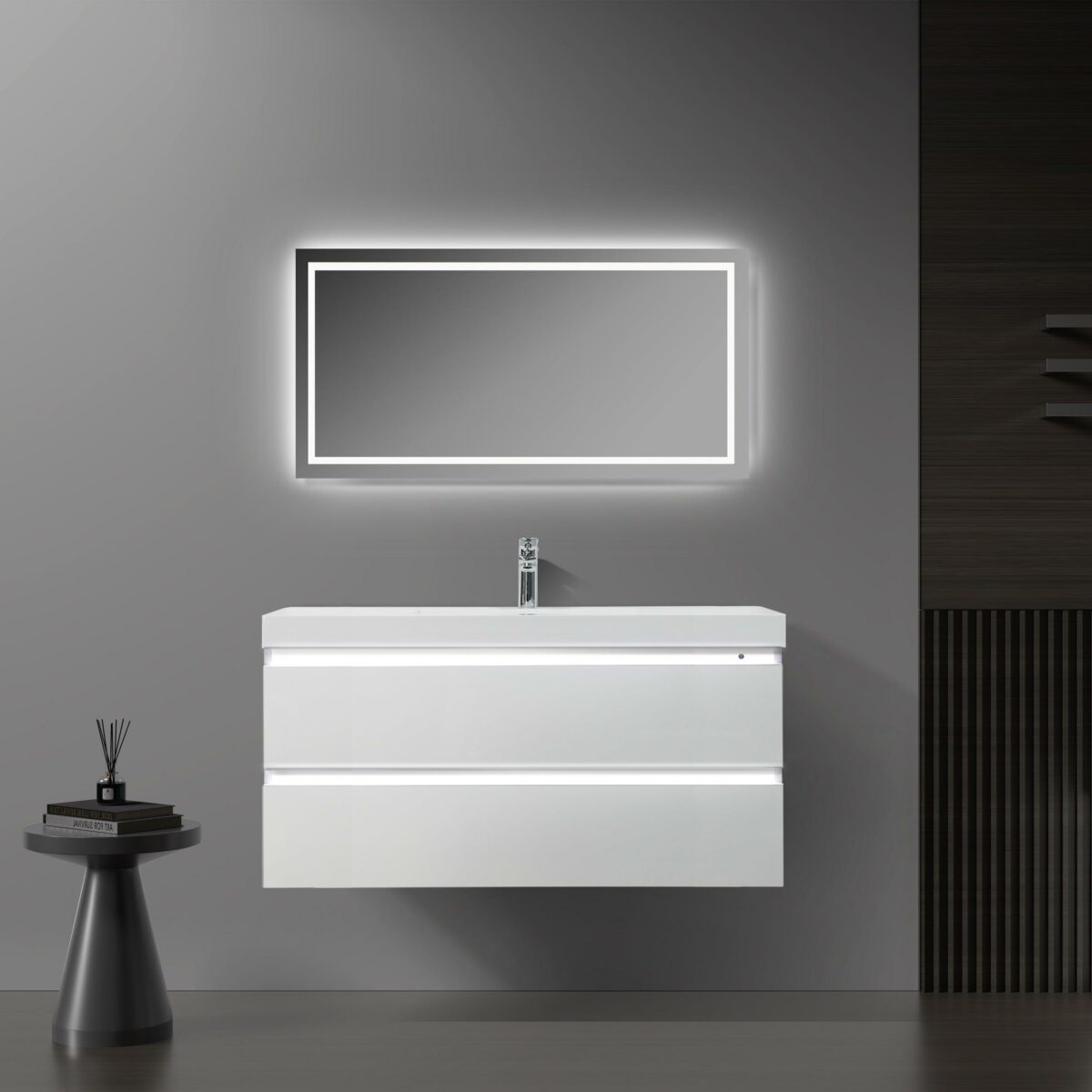 42" Glossy White Wall Mount Light-Up Bathroom Vanity with White Polymarble Countertop - Image 1