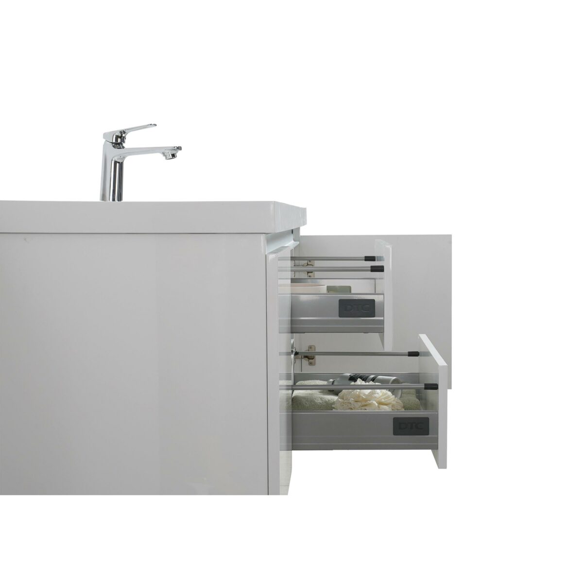 48" Glossy White Wall Mount Light-Up Bathroom Vanity with White Polymarble Countertop - Image 4