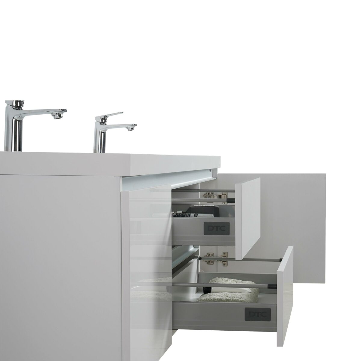 60" Glossy White Wall Mount Light-Up Double Sink Bathroom Vanity with White Polymarble Countertop - Image 3