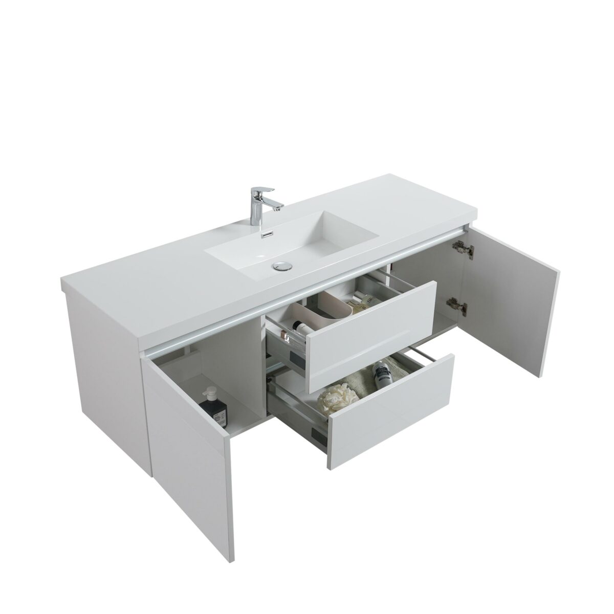 60" Glossy White Wall Mount Light-Up Bathroom Vanity with White Polymarble Countertop - Image 4