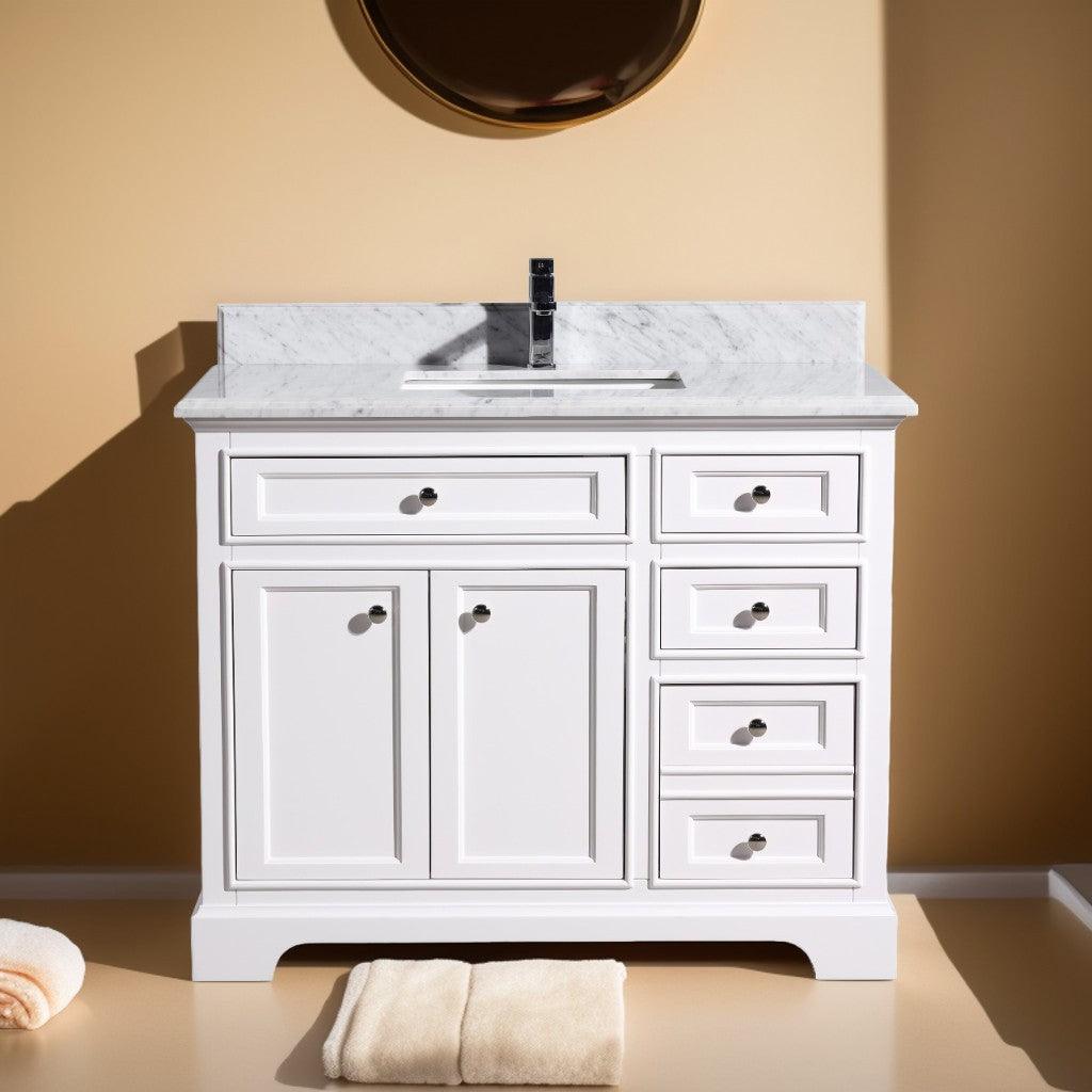 42" White Freestanding Bathroom Vanity with Carrera Marble Countertop – Image 1