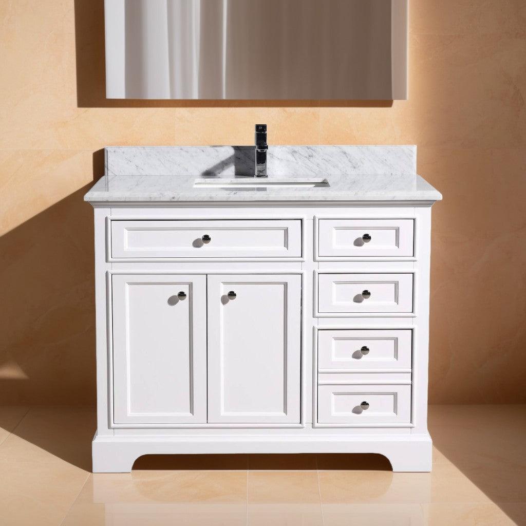 42" White Freestanding Bathroom Vanity with Calcutta Quartz Countertop – Image 1