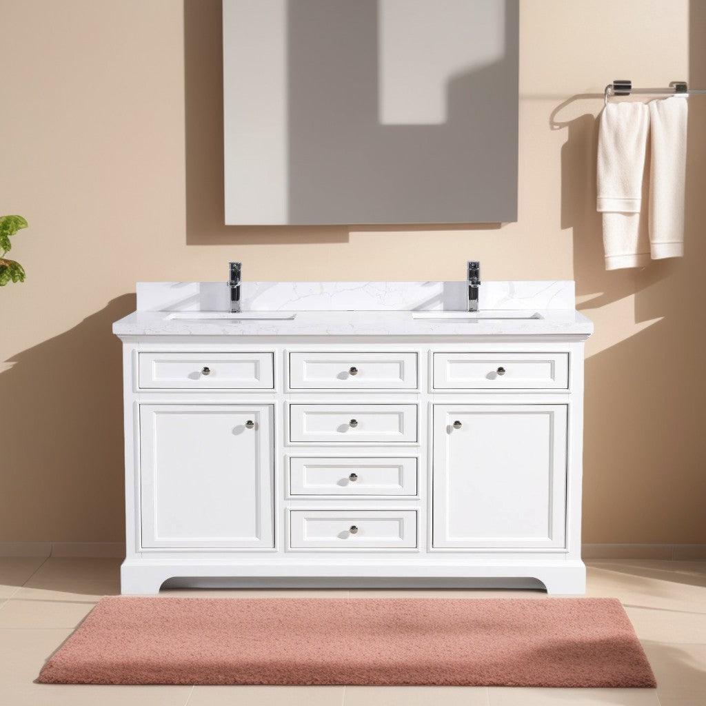 60" White Freestanding Double Sink Bathroom Vanity with Calcutta Quartz Countertop – Image 1