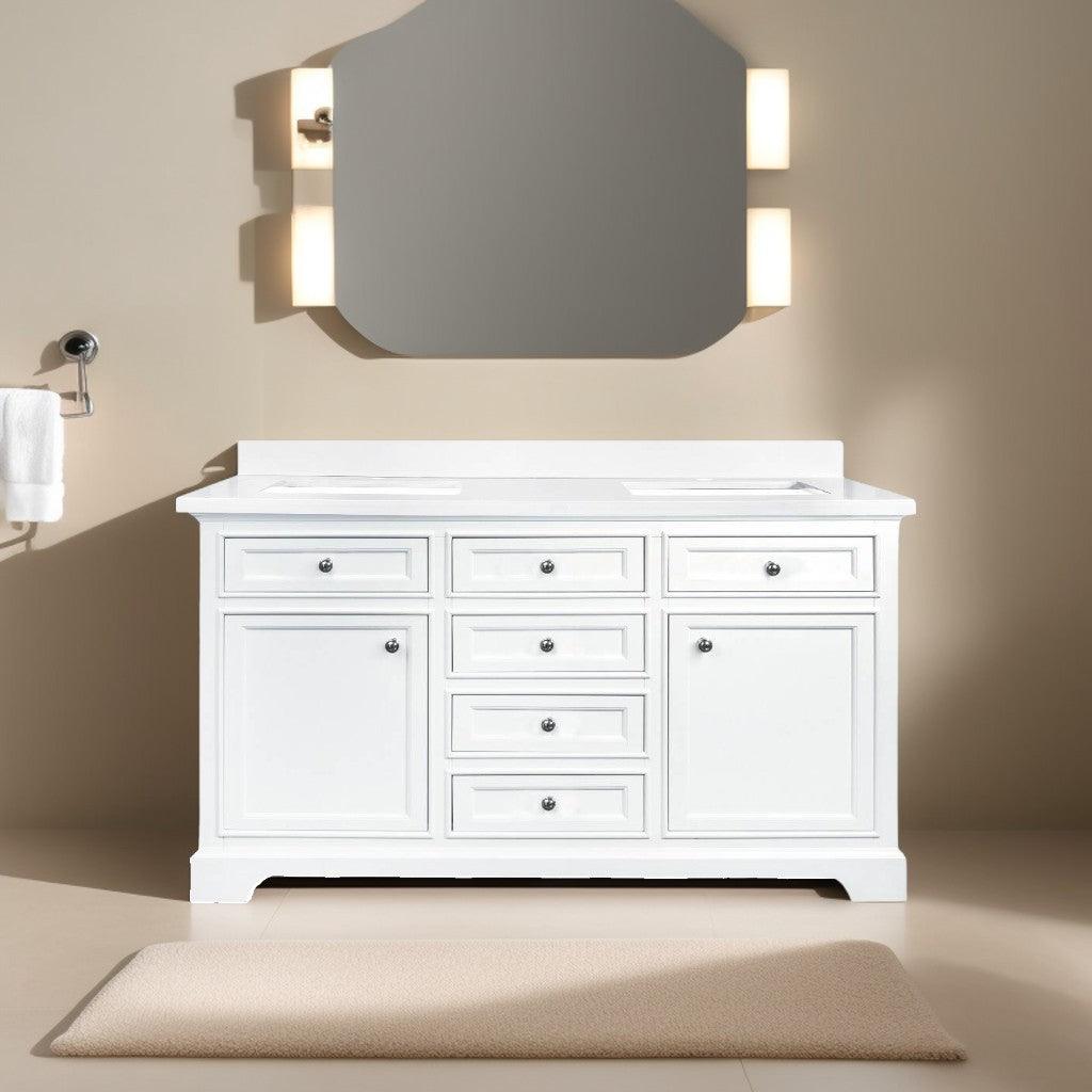 60" White Freestanding Double Sink Bathroom Vanity with Snow White Quartz Countertop – Image 1