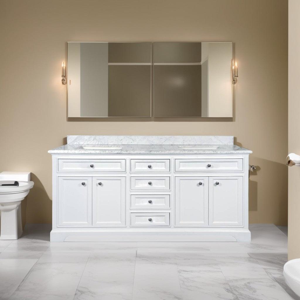 72" White Freestanding Double Sink Bathroom Vanity with Carrera Marble Countertop – Image 1
