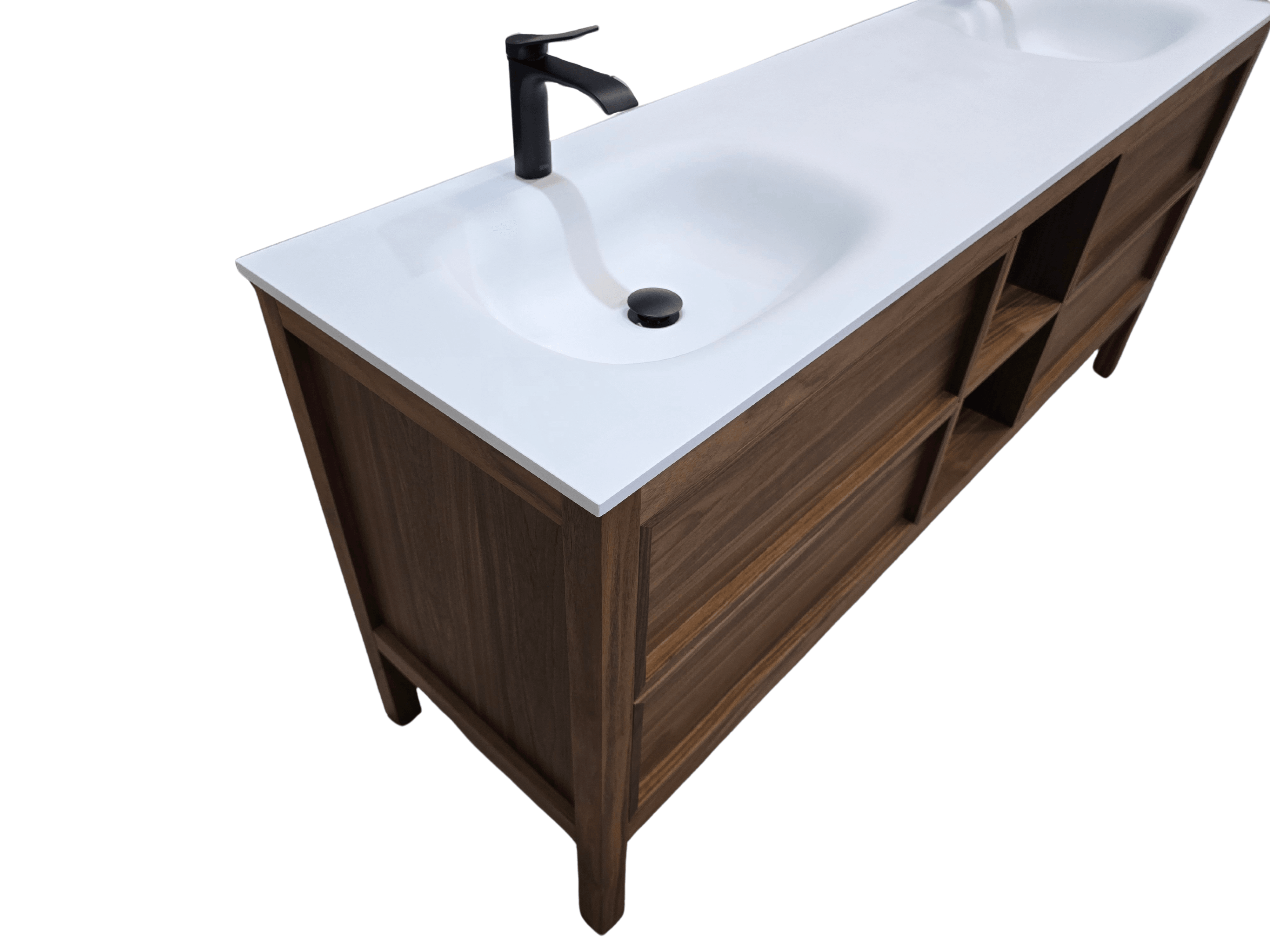 72" Natural Walnut Freestanding Double Sink Bathroom Vanity with White Solid Surface Countertop Vista - Image 3