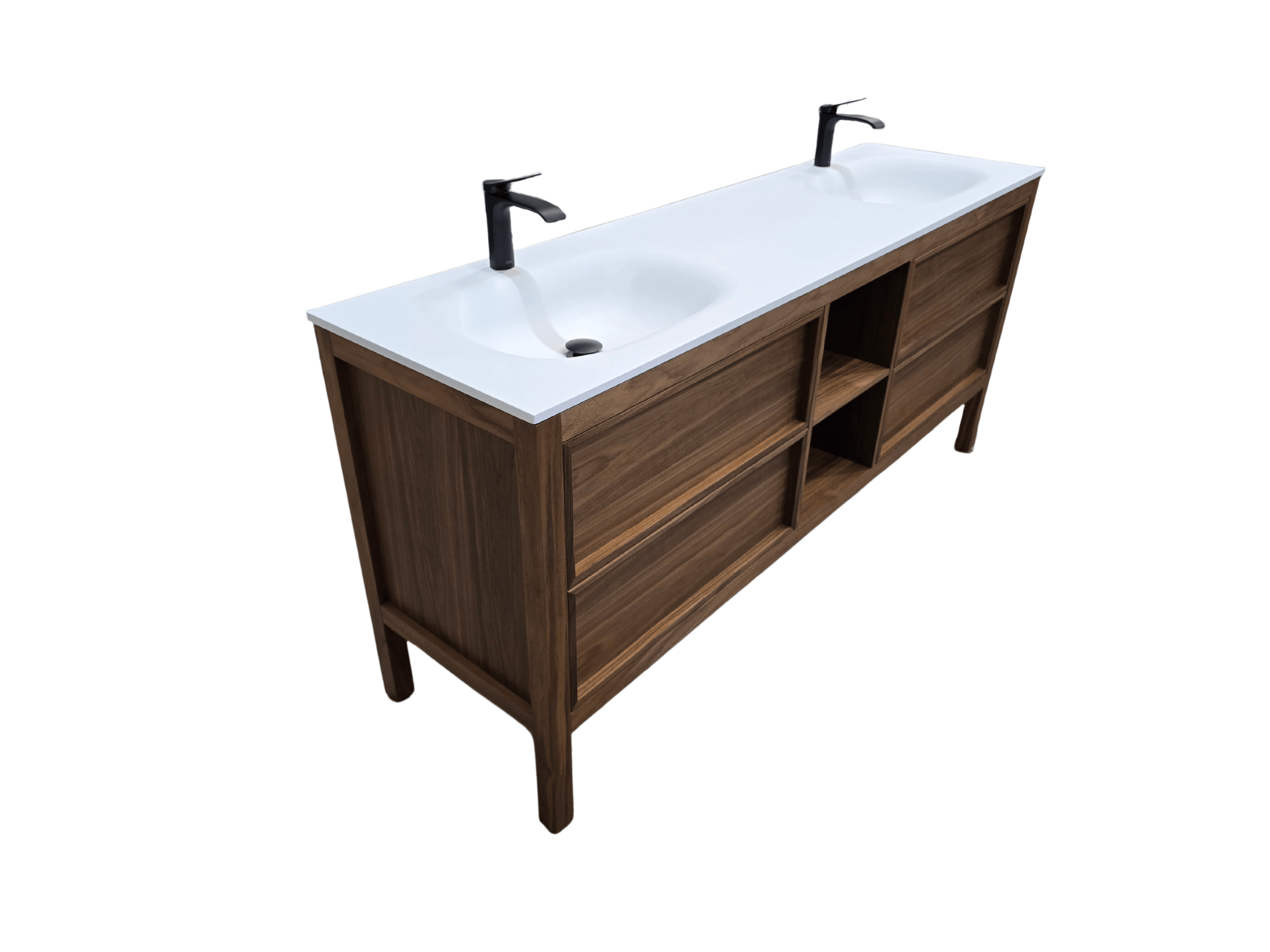 72" Natural Walnut Freestanding Double Sink Bathroom Vanity with White Solid Surface Countertop Vista - Image 2