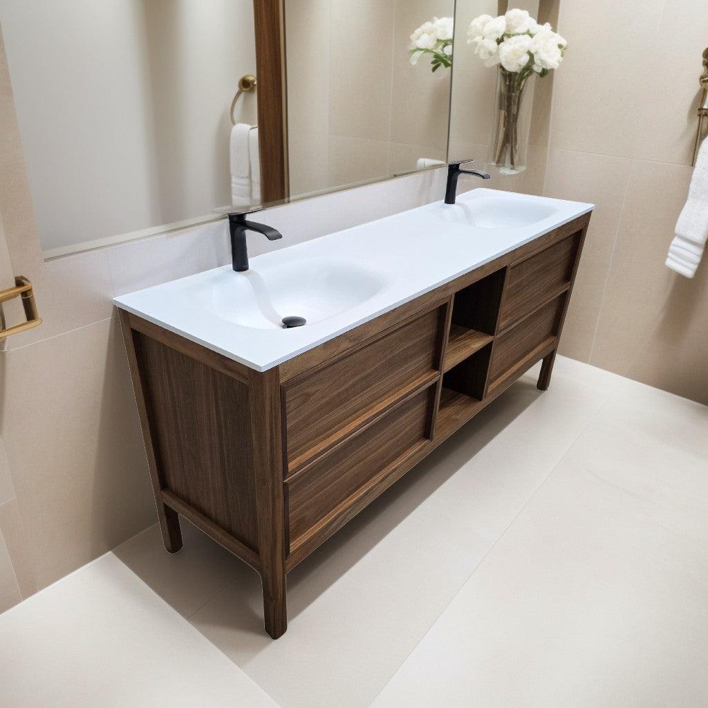 72" Natural Walnut Freestanding Double Sink Bathroom Vanity with White Solid Surface Countertop Vista - Image 6