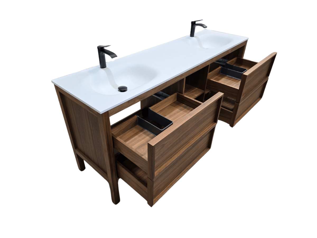 72" Natural Walnut Freestanding Double Sink Bathroom Vanity with White Solid Surface Countertop Vista - Image 5