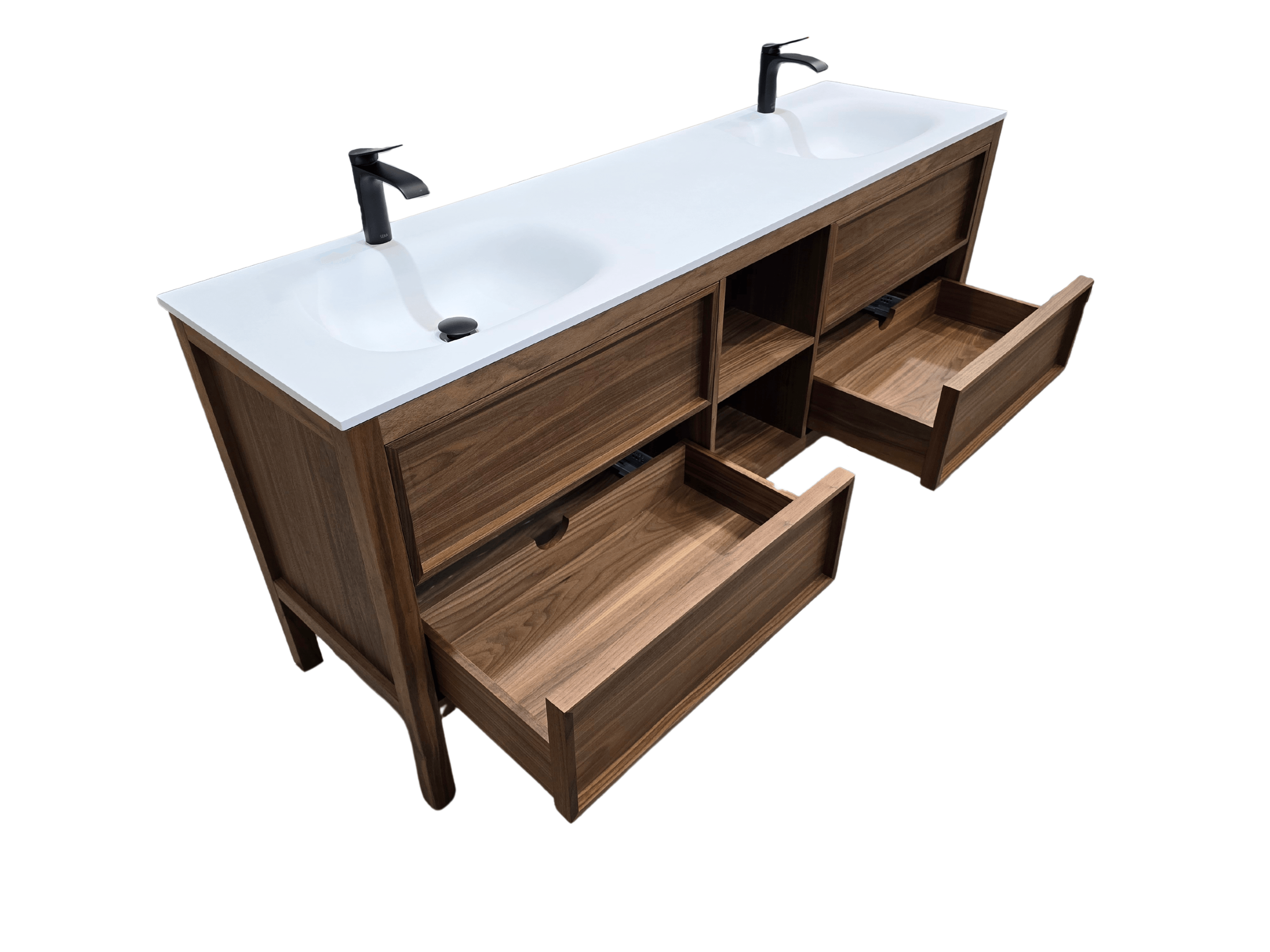 72" Natural Walnut Freestanding Double Sink Bathroom Vanity with White Solid Surface Countertop Vista - Image 4