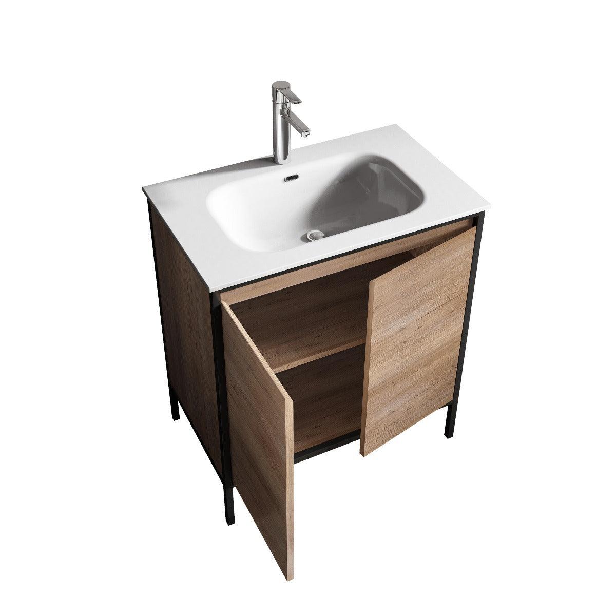 30" Rough Oak and Black Metal Frame Freestanding Single Sink Bathroom Vanity with White Ceramic Countertop - Image 4