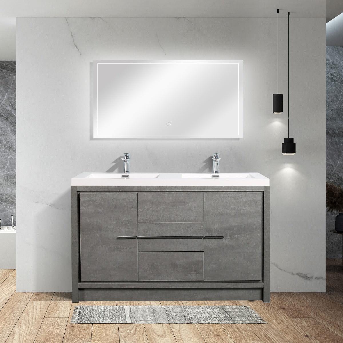 60" Cement Freestanding Double Sink Bathroom Vanity with White Polymarble Countertop – Image 1