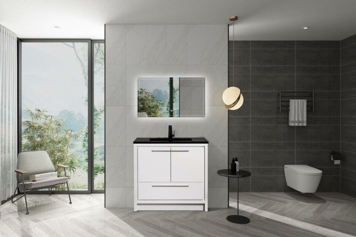 36" Glossy White Freestanding Bathroom Vanity with Black Engineered Quartz Countertop - Image 1