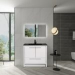 36" Glossy White Freestanding Bathroom Vanity with Black Engineered Quartz Countertop