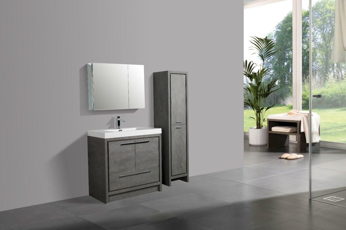 36" Cement Freestanding Bathroom Vanity with White Polymarble Countertop - Image 6