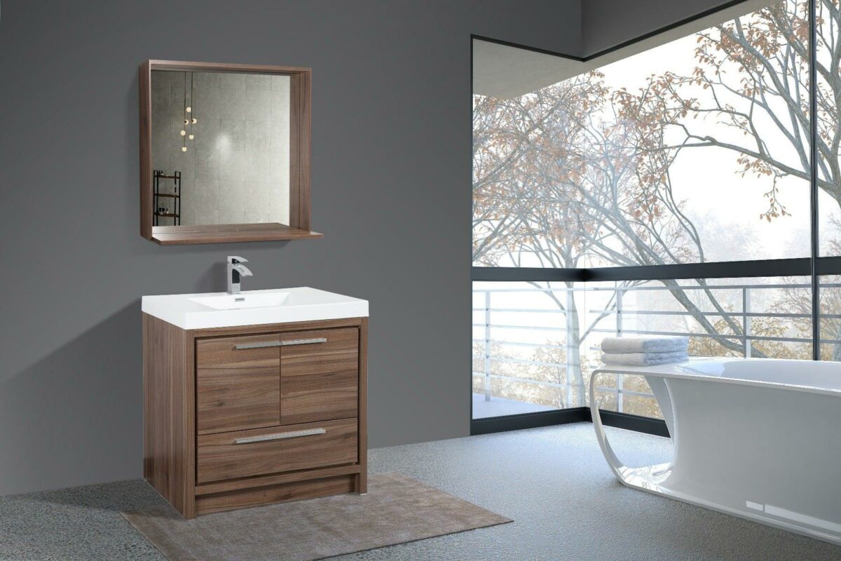 36" Walnut Freestanding Bathroom Vanity with White Polymarble Countertop - Image 7