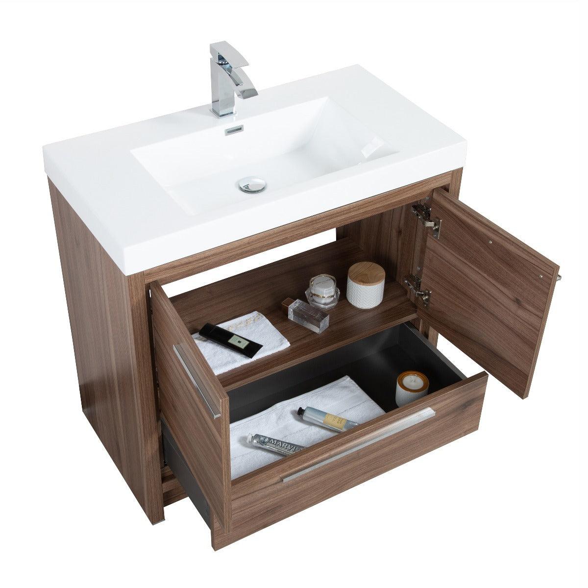 36" Walnut Freestanding Bathroom Vanity with White Polymarble Countertop – Image 6